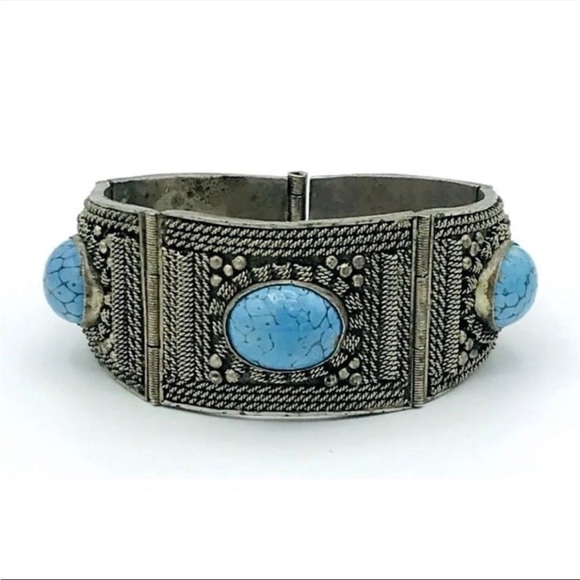 Antique Silver 925 and Blue Stone Cannetille Panel Bracelet c.1830s Cuff - Picture 4 of 14